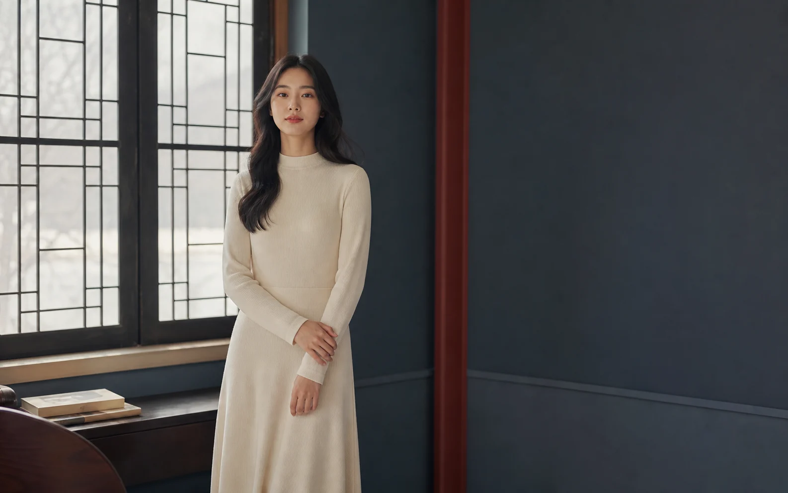 아이보리 긴소매 미디 원피스를 입은 20대 한국인 성인 여성