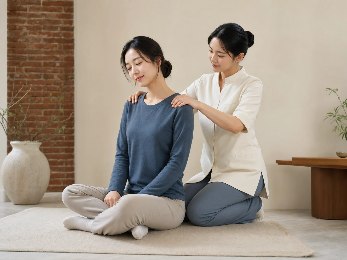 완전 착의 고객에게 어깨 관리를 제공하는 전문복의 20대 한국인 성인 여성 마사지사